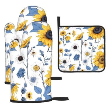 Imagem de Conjunto de cozinha essencial de 3 peças com estampa de girassóis, luvas resistentes ao calor e aderência da tampa, proteção para churrasco no forno, design de armazenamento suspenso.