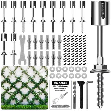 Imagem de Acemaker Treliça de Arame para Plantas Trepadeiras Ao Ar Livre, Kit de Treliça de Arame de Parede de 12 Peças, Kit de Treliça de Parede de Aço Inoxidável T316, Sistema de Treliça de Cabo Espalier(Apen