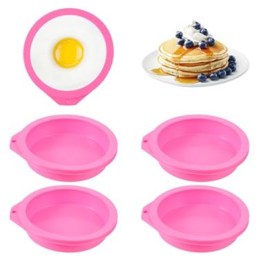 Imagem de WJIAAA 4 moldes de ovo para fritadeira a ar, moldes redondos antiaderentes de silicone, forma de muffin de 10 cm para panquecas, pães de hambúrguer, acessórios seguros para micro-ondas para forno