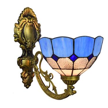 Imagem de Arandela de parede azul mediterrânea estilo Tiffany com vitrais, instalação com luz direcionada para cima e para baixo, ideal para quarto, sala de estar, corredor e varanda, 20 cm (8 polegad
