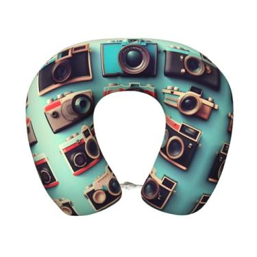 Imagem de SKKNT Coleção de câmera retrô com estampa leve de viagem, almofada de pescoço de espuma viscoelástica em forma de U para aviões