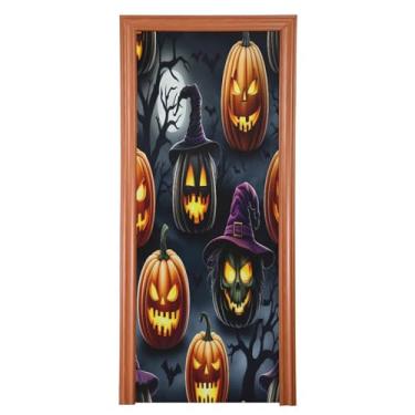 Imagem de Qilmy Decoração de capa de porta de Halloween 91 x 248 cm tecido grande placa de decoração de festa de Halloween para porta da frente Halloween abóbora varanda decoração externa janela parede 278