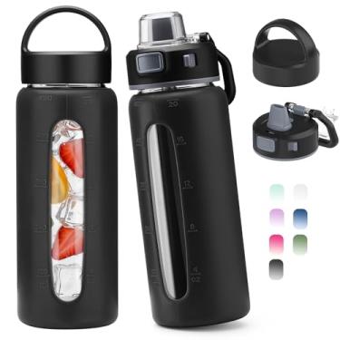 Imagem de Kodrine Garrafa de água de vidro de 590 ml com canudo - 2 tampas - xícara de café gelada com manga de silicone e marcador de tempo, garrafa de vidro reutilizável para casa, escritório, ao ar livre