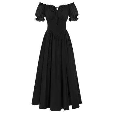 Imagem de Scarlet Darkness Vestido espartilho preto feminino manga curta Milkmaid vestido chiffon Renascença fantasia com bolsos preto GG
