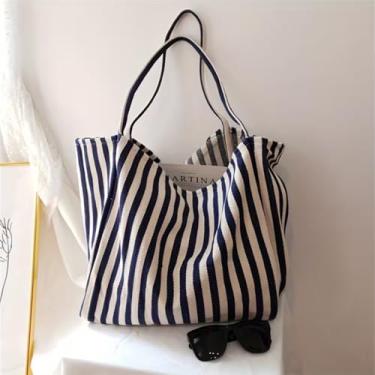 Imagem de Sacola feminina vintage listrada — listras horizontais azul marinho e branco, design aberto, bolsa diária durável, essencial para compras e passeios