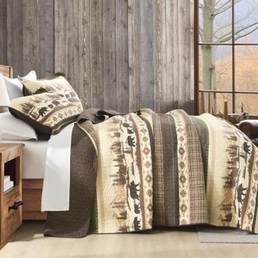 Imagem de FineStichery Conjunto de colcha Cabin Queen, 100% algodão, colcha acolchoada de fazenda, edredom leve, árvore floresta, conjunto de cama reversível, 3 peças, marrom/bege/verde