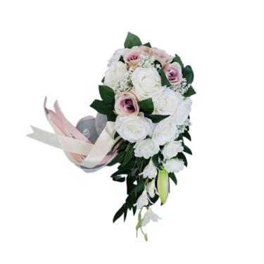 Imagem de Buquê de casamento com cachoeira rosa - Arranjo de flores de dama de honra para festa de casamento (RDE)
