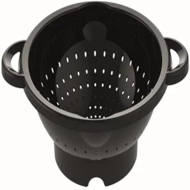 Imagem de Escorredor de macarrao de cozinha de plastico preto com alcas, resistente.