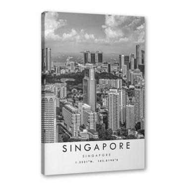 Imagem de Pôster de viagem preto e branco impressão de paisagem da cidade do mundo pintura em tela de arte de parede de Singapura decoração de casa (16 x 24 polegadas (40 x 60 cm), emoldurado)