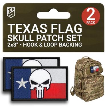 Imagem de Bluyellow 2 adesivos de caveira da bandeira do Texas, adesivos de moral táticos bordados com gancho e laço, adesivos militares para colete, mochila, arnês de cachorro, chapéu, equipamento tático, 5 x
