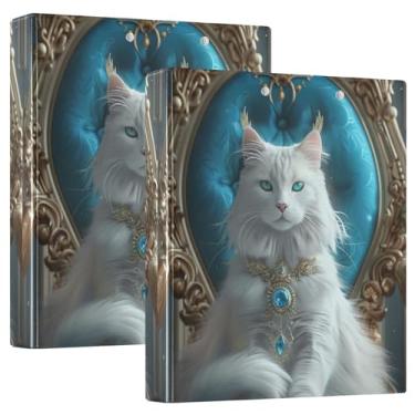 Imagem de Organizador de fichário de gato branco sentado no trono de azul, pacote com 2 pastas escolares de prancheta, 3 fichários com prancheta resistente