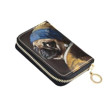 Imagem de GAIGEO Carteiras de cartão de crédito com bloqueio de RFID, lindas carteiras femininas pequenas com zíper ao redor do zíper para cartão e dinheiro, brinco engraçado de pérola de cachorro pug