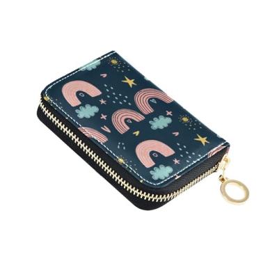 Imagem de Porta-cartão de crédito com bloqueio de RFID, carteiras pequenas para mulheres, bolsa de moedas de couro com zíper fofo arco-íris desenho animado