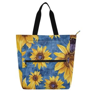Imagem de GAIGEO Bolsa tote feminina com estampa rústica azul girassol com zíper para professores, trabalho, escola, viagem, reutilizável, mercearia, praia