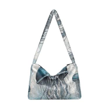 Imagem de Bolsa de ombro vermelha retrô preta com zíper, bolsa feminina para uso ao ar livre, Aquarela vintage azul Sea Life, One Size