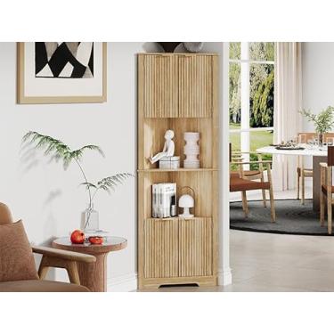 Imagem de Halitaa Armário de armazenamento de canto com portas caneladas, armário de armazenamento de banheiro com prateleira ajustável para sala de estar, quarto, carvalho natural