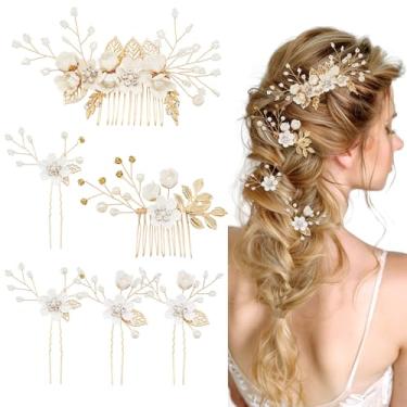 Imagem de 6 peças de acessórios de cabelo para noivas, pentes laterais de cabelo francês e alfinetes de cabelo, joia de casamento de ouro com strass para noivas, damas de honra, mulheres e meninas (flor branca)