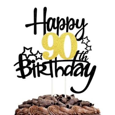 Imagem de Happy 90th Birthday Cake Toppers Black Gold Glitter, Cheers to 90 Years Old Bday Decoration 90th Anniversary Dessert Topper, Ninety Theme Cake Picks Appetizers Cocktail Toothpicks Party Supplies