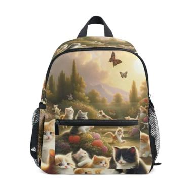 Imagem de GAIGEO Cute Kitten Spring Flowers Cat Kids Small Backpack, 10x4x12 In, Kids School Backpack for Girls Includes Water Bottle Pockets, Whistle Clip for Safety