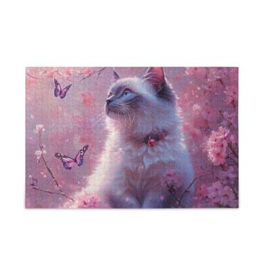 Imagem de Quebra-cabeça de 500 peças, gato siamês, flores de cerejeira, papel e composto de madeira, quebra-cabeças engraçados para adultos com bolsa de armazenamento