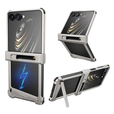 Imagem de NIFBANG Capa sem moldura para Samsung Galaxy Z Flip 7, com suporte magnético giratório de 360°, capa protetora Z Flip 7 de alumínio metal fino dissipação de calor à prova de choque Z Flip 7 (prata)