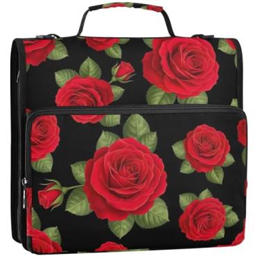 Imagem de Organizador de fichário engraçado com zíper de 3,8 cm, 3 anéis, rosas vermelhas, folhas verdes, estojo de armazenamento preto com alça para fichário escolar com alça de ombro, 34,5 x 31,5 x 9 cm