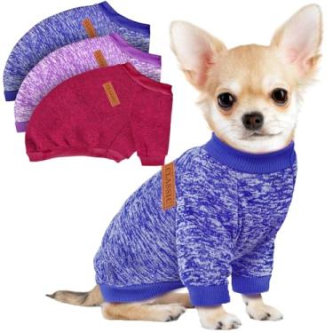 Imagem de Pacote com 3 suéteres para cães pequenos, meninas, meninos, roupas de lã de inverno, para cães, gatos, roupas para animais de estimação (roxo + vinho + azul escuro, pequeno)