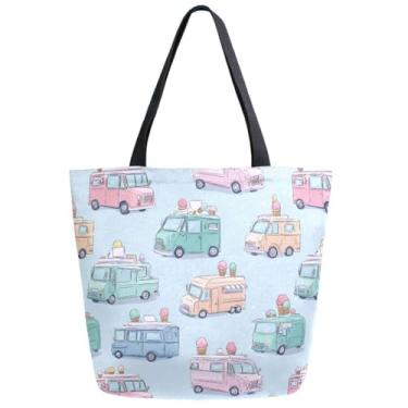 Imagem de ZzWwR Bolsa de ombro grande com estampa divertida e chique, alça grande, para praia, viagem, fim de semana, academia, compras de supermercado, Multi, X-Large, Caminhão de sorvete