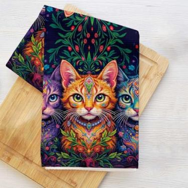 Imagem de Toalhas de cozinha de gato mandala fantasia, toalha de prato decorativa de microfibra absorvente, toalhas de mão de waffle boêmio para cozinha, casa, banheiro, presentes para amantes de gatos
