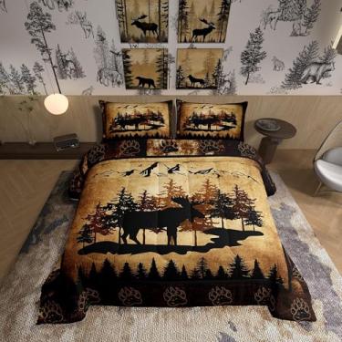 Imagem de Homewish Conjunto de edredom de cabana de alce com silhueta de pinheiro, desenho de montanha, para crianças, adolescentes e adultos, conjunto de edredom com estampa de pata de animal selvagem, 1