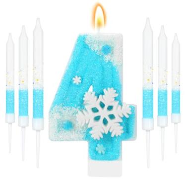 Imagem de IDIJOLI Conjunto de velas de aniversário Blue Frozen, floco de neve, branco, número 4, topos de cupcake, tema de inverno, decorações de festa de aniversário de 4 anos, comemorações, suprimentos