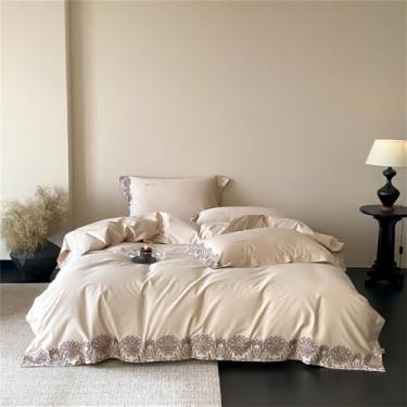 Imagem de Conjunto de cama de algodão com bordado de flores, tamanho Queen/King, incluindo capa de edredom, lençol e fronhas, cor 2, lençol de baixo com elástico de 1,8 MB.