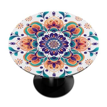 Imagem de Pardick Toalha de mesa redonda de mandala boêmia com capa de mesa elástica, toalha de mesa elástica redonda, toalha de mesa à prova d'água e limpável, serve para mesas de até 91 a 106 cm de diâmetro