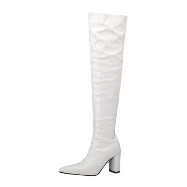 Imagem de Botas femininas modernas de inverno longo cor sólida couro envernizado fino com zíper lateral grosso salto alto acima do joelho, PU, Branco, 38
