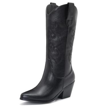 Imagem de ZXHYZLZ Botas femininas caubói ocidentais bordadas, cano médio, bico fino, salto grosso, moderno, retrô, clássica, Preto, 38