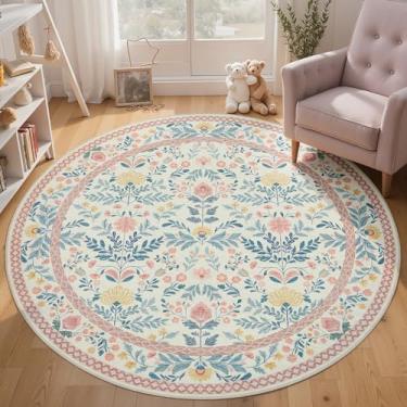 Imagem de Joydeco Boho Tapete circular lavável floral para quarto de bebê, rosa claro, tapete redondo de 1,8 m, tapete circular antiderrapante para quarto de meninas, crianças, sala de jogos, dormitório, sala