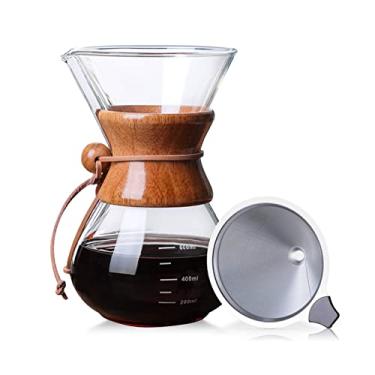 Imagem de Cafeteira de Vidro para Café Pour Over com Filtro Reutilizável Aço Inoxidável Manual Dripper Mão Mangueira Madeira Borosilicato Premium Resistente ao