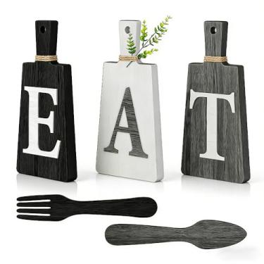Imagem de 3 peças de decoração de cozinha, placa de comer, garfos e colheres, decoração de parede, placa de madeira para pendurar restaurante, arte de parede rústica para casa de fazenda, decoração de casa