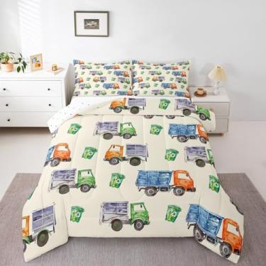 Imagem de Erosebridal Conjunto de edredom completo completo de 3 peças retrô aquarela caminhão de lixo e caminhão de lixo para meninos e meninas, classificação de lixo, conjunto de edredom com 2 fronhas