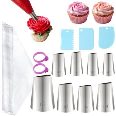 Imagem de LLMSIX Conjunto de sacos de confeitar e pontas, 8 peças de ponta de encanamento de pétalas, 100 sacos de confeiteiro, 3 raspadores de bolo, 2 gravatas de saco de confeitar, ponta de cobertura de rosa