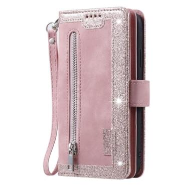 Imagem de Capa tipo carteira for Samsung Galaxy S25/S25 Plus/S25 Ultra, com correia para pulso capa integral à prova de choques capa protetora de telefone de couro com fecho de correr retro (Pink, 25 Ultra)