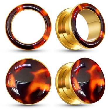 Imagem de Casvort 4 peças hipoalergênicas 316 de aço inoxidável cirúrgico dourado elegante âmbar alargadores de orelha 00 g brincos para lóbulo de orelha esticado diário joia corporal