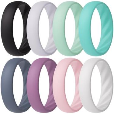 Imagem de ThunderFit Alianças de casamento de silicone para mulheres, anéis de compromisso com ranhuras onduladas elegantes, 6 mm de largura, 2 mm de espessura, respirável, anéis de noivado femininos de