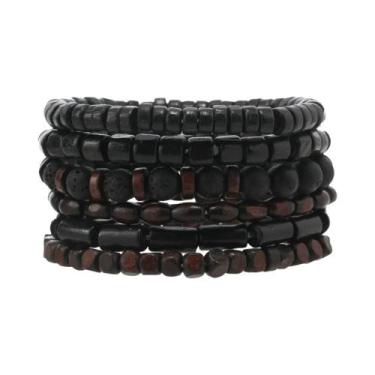 Imagem de Pulseira De Contas De Madeira Artesanal Masculina Retrô Com Cordão Elá