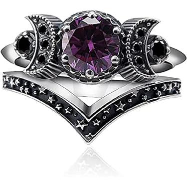 Imagem de COLORFUL BLING Conjunto de anéis de lua ametista tripla, deusa lua, cristal roxo, wicca pagão cresente para mulheres, meninas, casamento, noivado, promessa, Cristal metal, Cristal