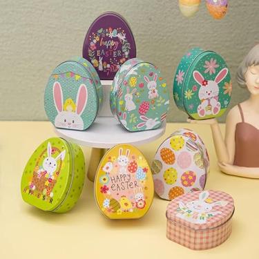 Imagem de Caixas de lata em forma de ovo de Páscoa, recipientes decorativos de metal para doces, chocolates, petiscos, caixas de presente de coelho com vários padrões (D)