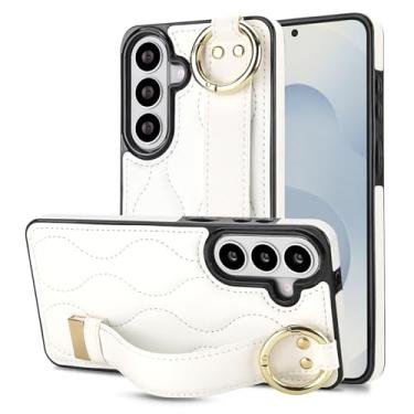 Imagem de Capa para Samsung Galaxy S26 com alça de pulso, elegante capa traseira de couro acolchoado para mulheres, capa fina protetora à prova de choque com suporte e anti-impressão digital (branca)