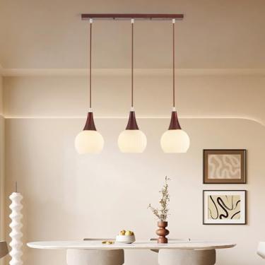 Imagem de Luminária pendente LED em madeira com soquete E27, 3 lâmpadas, estilo lustre, ideal para ilha de cozinha, mesa de jantar, sala de jantar, bar ou escritório. Cúpula de vidro branco, altura aj