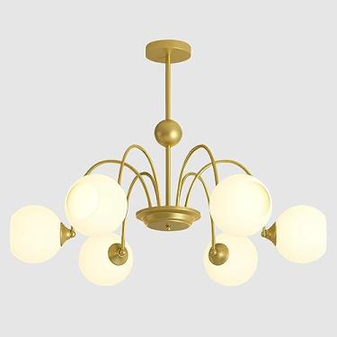 Imagem de Lustre de teto moderno com 6 lâmpadas, globo branco e dourado, para ilha de cozinha. Luminária pendente em estilo meados do século XX com bolas de vidro leitoso e detalhes em latão escovado.