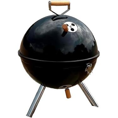 Imagem de Churrasqueira Portátil à Bafo, Aço Inox Preto com Tampa, 41x30x15cm, Grelha para Carvão, Alça de Madeira